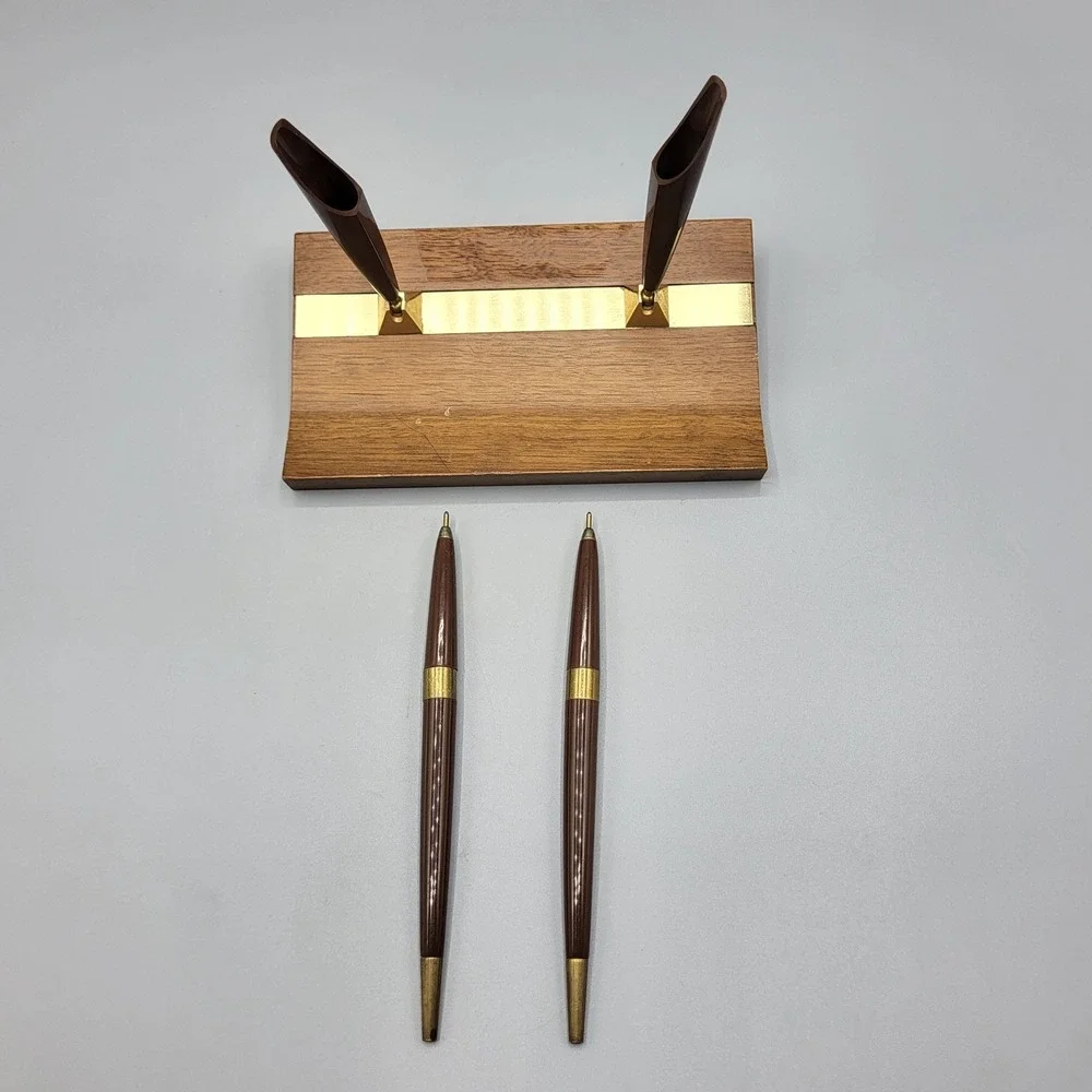 Vintage Double Pen Desk Set Wood Brass MCM Office Decor Brown
